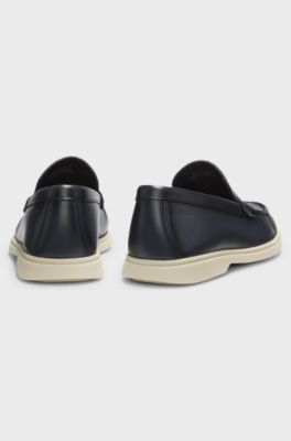 Leather moccasins with embossed logo, Dark Blue