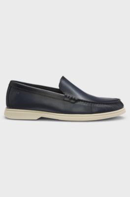 Leather moccasins with embossed logo, Dark Blue