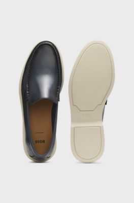 Leather moccasins with embossed logo, Dark Blue