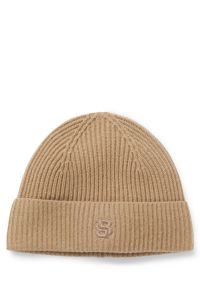 Wool-cashmere beanie hat with Double B monogram, Beige