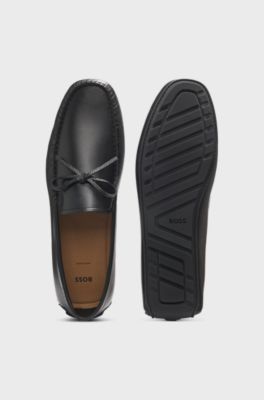 Leather driver moccasins with bow trim, Black