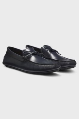 Leather driver moccasins with bow trim, Dark Blue