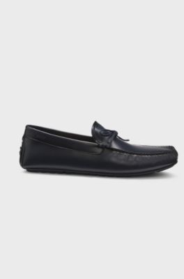 Leather driver moccasins with bow trim, Dark Blue