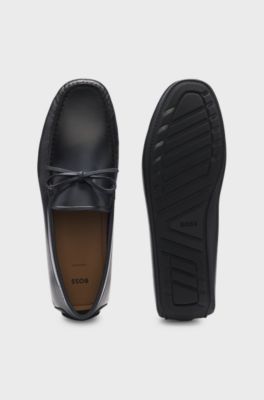 Leather driver moccasins with bow trim, Dark Blue