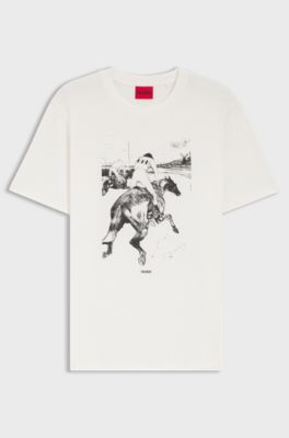 Cotton-jersey T-shirt with horse-racing artwork, White