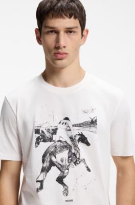 Cotton-jersey T-shirt with horse-racing artwork, White