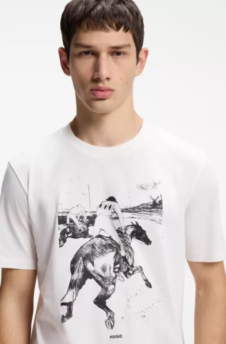 Cotton-jersey T-shirt with horse-racing artwork