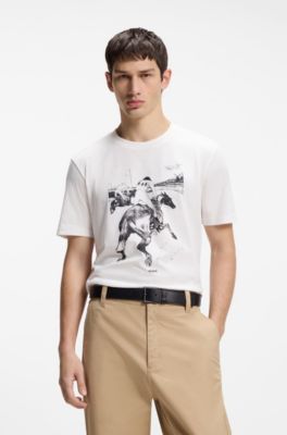 Cotton-jersey T-shirt with horse-racing artwork, White