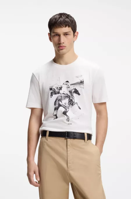 Cotton-jersey T-shirt with horse-racing artwork