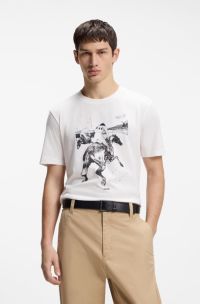 Cotton-jersey T-shirt with horse-racing artwork, White