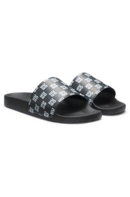 Italian-made slides with stacked-logo strap, Black