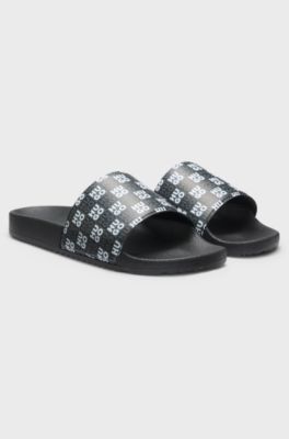 Italian-made slides with stacked-logo strap, Black Patterned