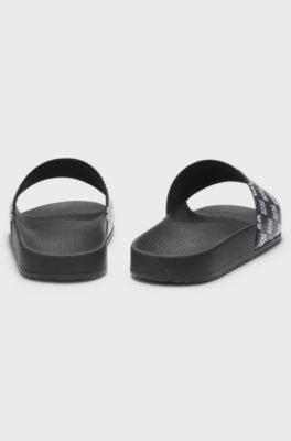 Italian-made slides with stacked-logo strap, Black Patterned