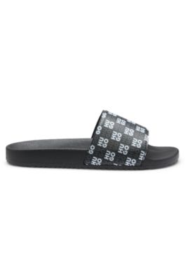 Italian-made slides with stacked-logo strap, Black