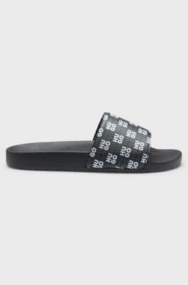 Italian-made slides with stacked-logo strap, Black Patterned