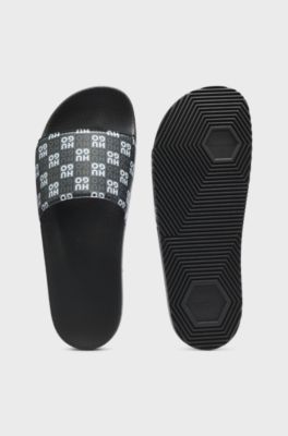 Italian-made slides with stacked-logo strap, Black Patterned