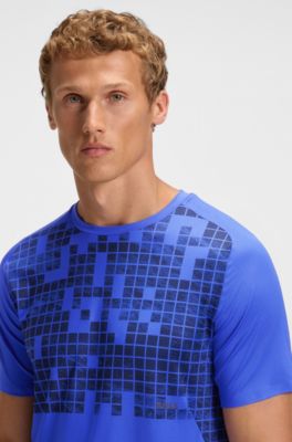 Active slim-fit T-shirt in printed stretch mesh, Blue