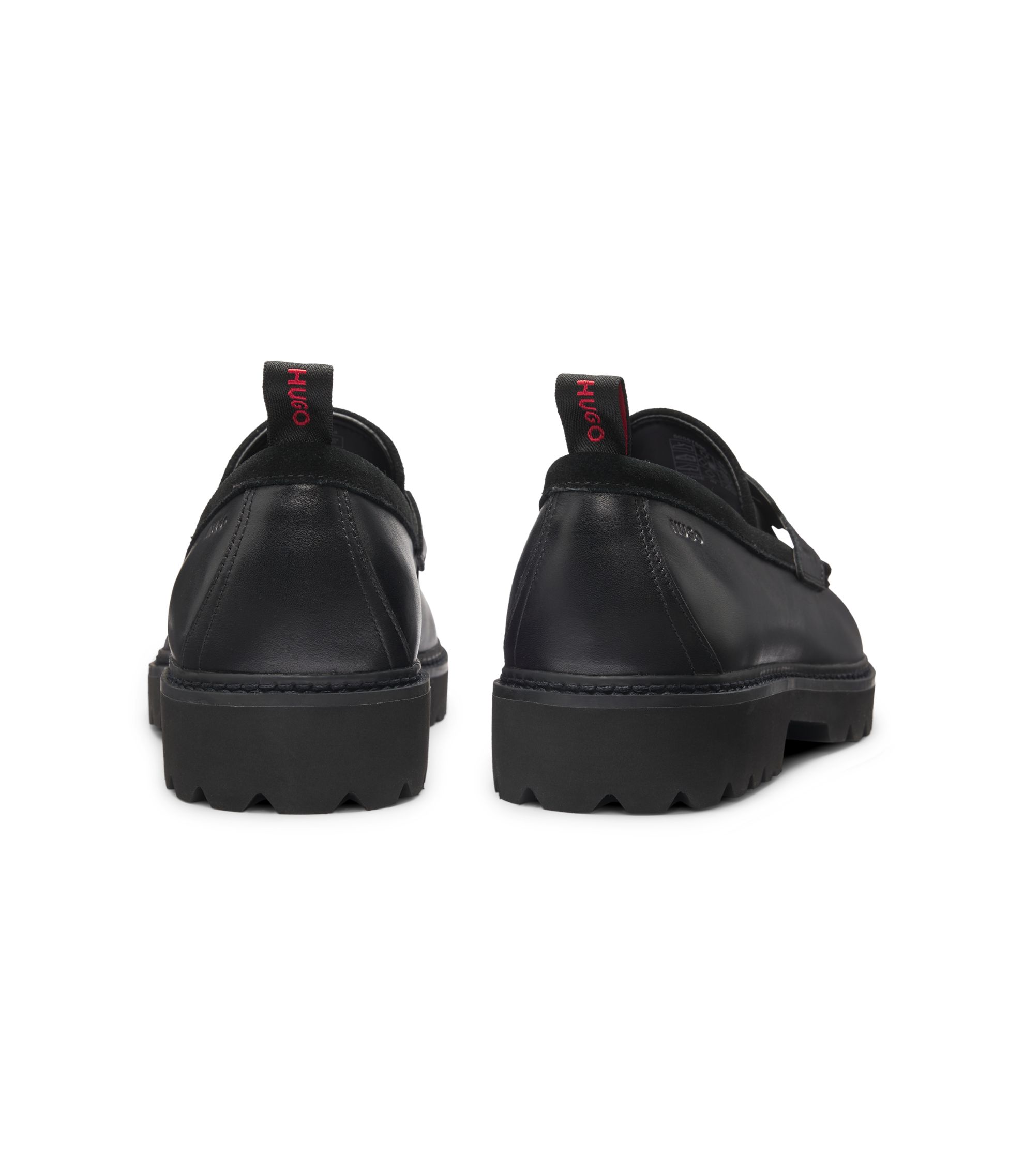 美品■HUGO BOSS【26.0】現行 総柄ロゴ ローファー ブラック 本革 HUGO - レザー ローファー ラグソール - ブラック