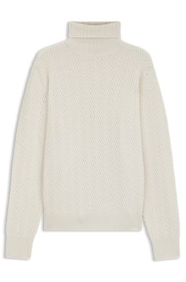 Regular fit rollneck sweater in herringbone virgin wool, Natural