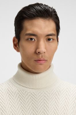 Regular fit rollneck sweater in herringbone virgin wool, Natural