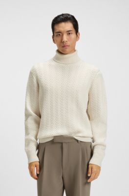Regular fit rollneck sweater in herringbone virgin wool, Natural