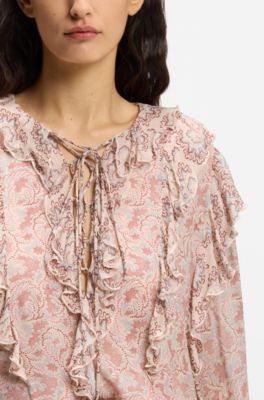 Regular-fit blouse in printed crepe Georgette with ruffles, Patterned