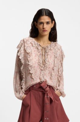 Regular-fit blouse in printed crepe Georgette with ruffles, Patterned
