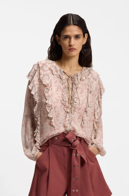 Regular-fit blouse in printed crepe Georgette with ruffles