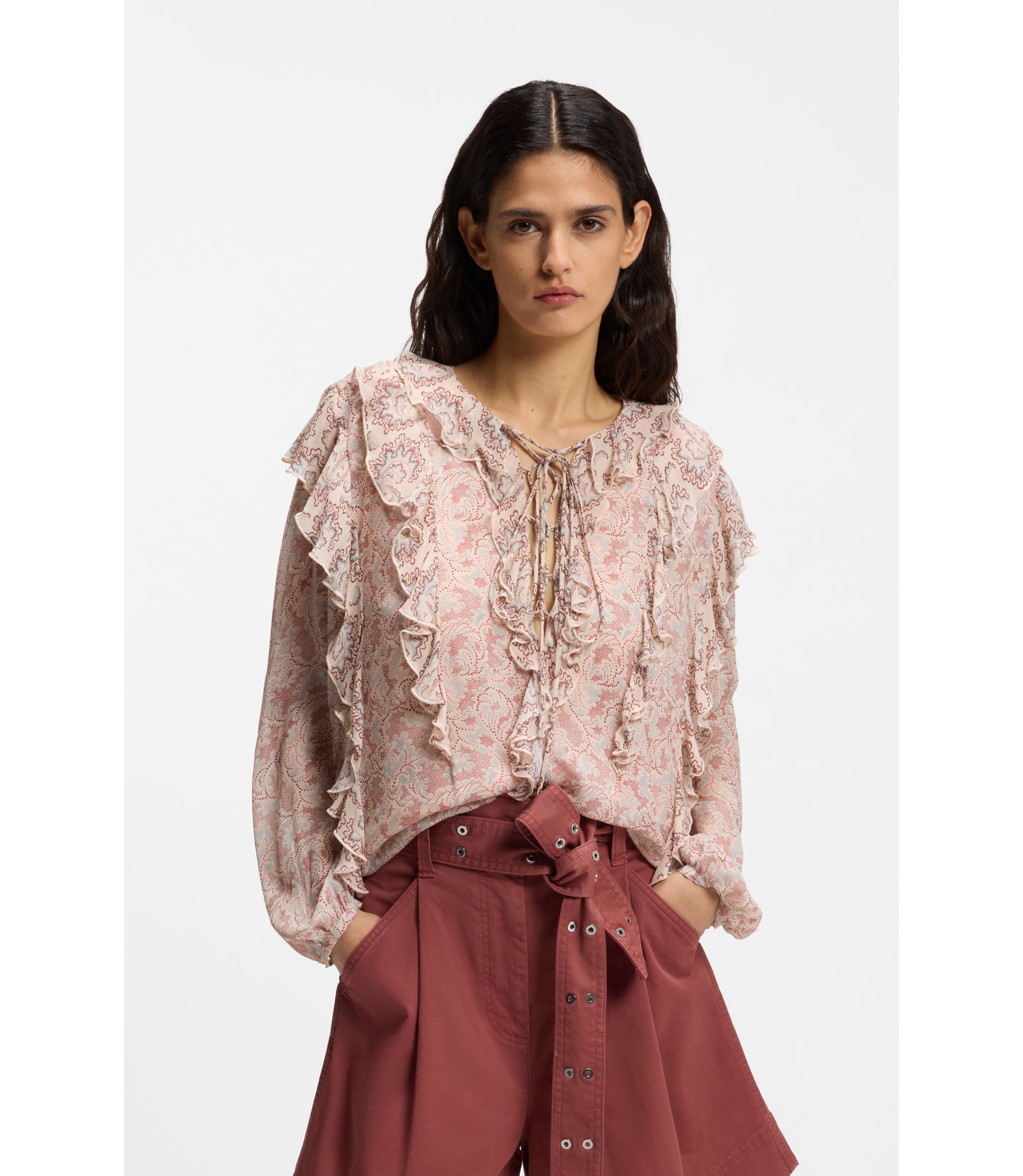 Regular-Fit Bluse aus bedrucktem Krepp-Georgette mit Rüschen