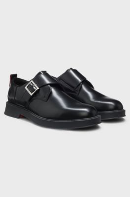 Leather monk shoes with logo buckle, Black