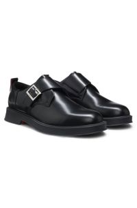 Leather monk shoes with logo buckle, Black
