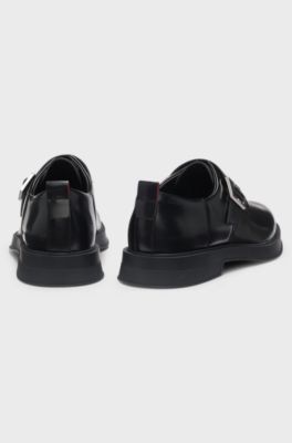 Leather monk shoes with logo buckle, Black