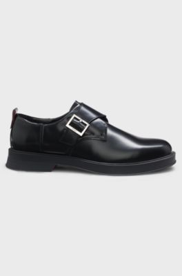 Leather monk shoes with logo buckle, Black