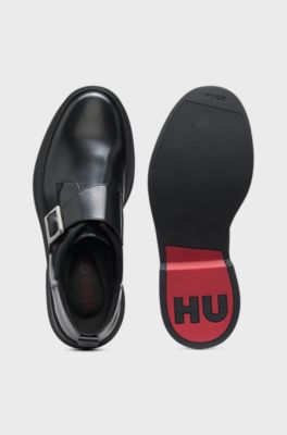 Leather monk shoes with logo buckle, Black