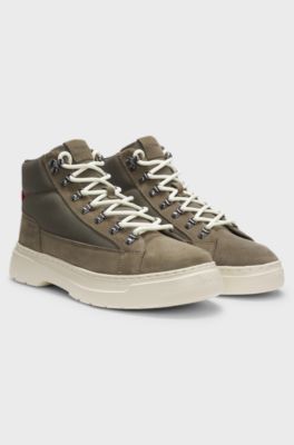 Bottines hybrides en cuir su&eacute;d&eacute; et toile, Kaki