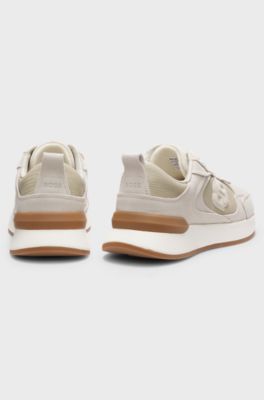 Trainers in suede and lizard-print faux leather, Light Beige