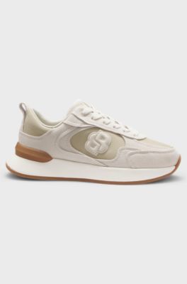 Trainers in suede and lizard-print faux leather, Light Beige