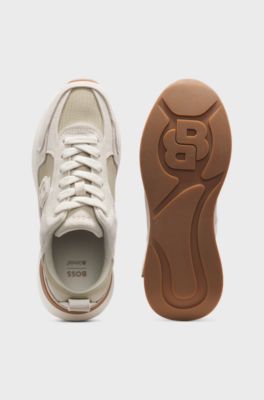 Trainers in suede and lizard-print faux leather, Light Beige
