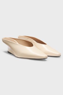 Mules in pelle con tacco con zeppa, Beige chiaro