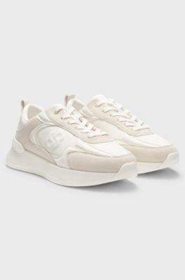 Mixed-material trainers with Double B monogram, Natural