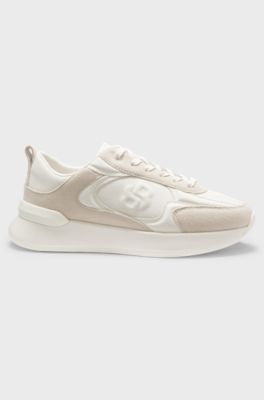 Mixed-material trainers with Double B monogram, Natural