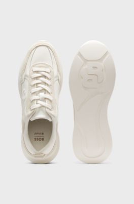 Mixed-material trainers with Double B monogram, Natural