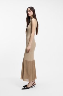 Ribbed dress with colour-blocked effect, Light Brown