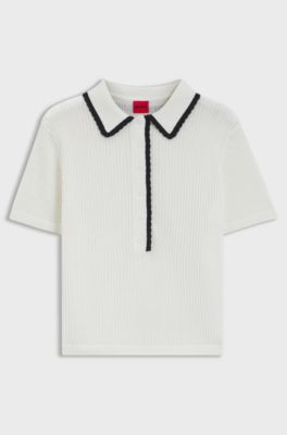 Maglione in cotone pointelle con bordo a smerlo, Bianco