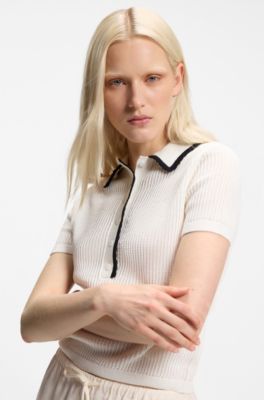 Maglione in cotone pointelle con bordo a smerlo, Bianco