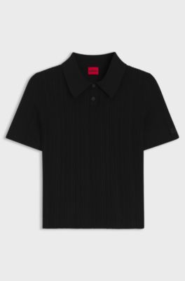 Slim-Fit Pullover mit Polokragen und Rippstruktur, Schwarz