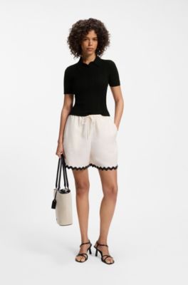 Slim-fit ribbed sweater with polo collar, Black