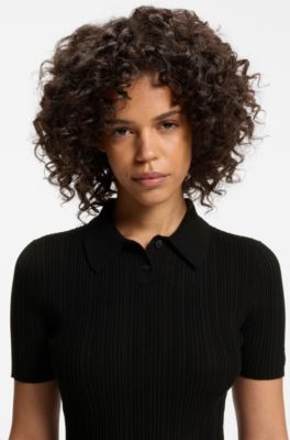 Maglione slim fit a coste con colletto polo, Nero