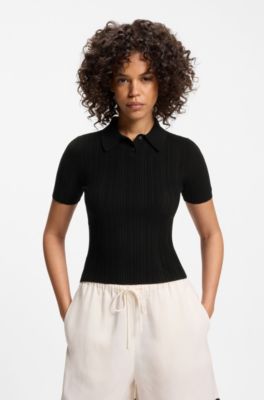 Slim-fit ribbed sweater with polo collar, Black