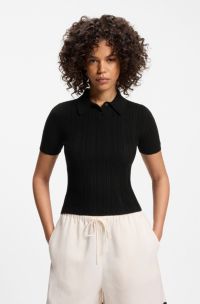 Slim-Fit Pullover mit Polokragen und Rippstruktur, Schwarz